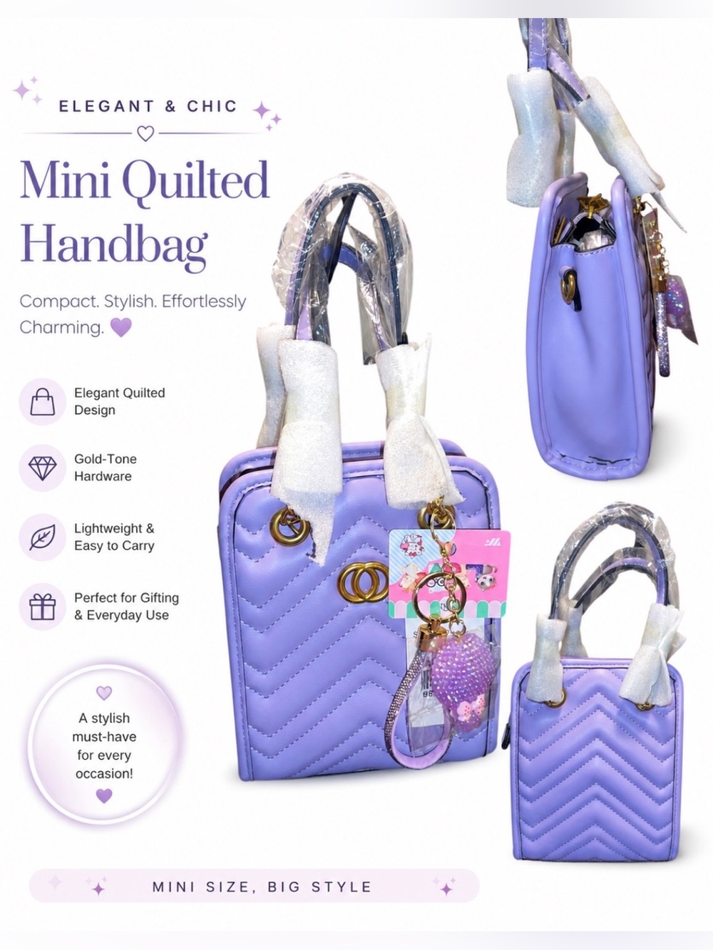 MINI LAVENDER QUILTED CROSSBODY HANDBAG & BAG CHARM SET
